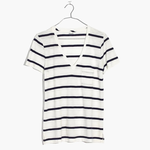 Madewell Whisper Cotton V-Neck Pocket Tee in Creston Stripe Size Small - Picture 3 of 9